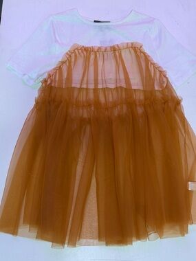 Sunday in Brooklyn White Tee with Rust Tulle Trim